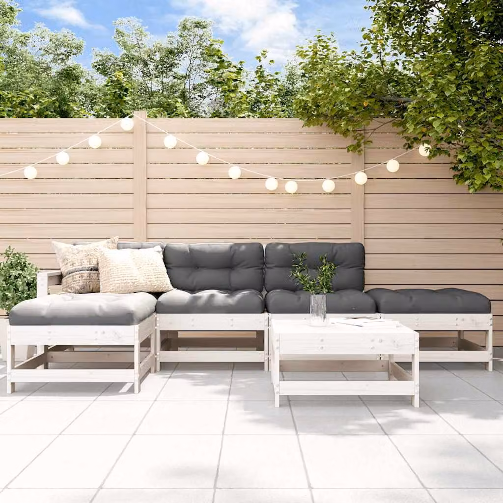 Set Salotto da Giardino vidaXL 6 pz in Legno di Pino Bianco con Cuscini e Design a L