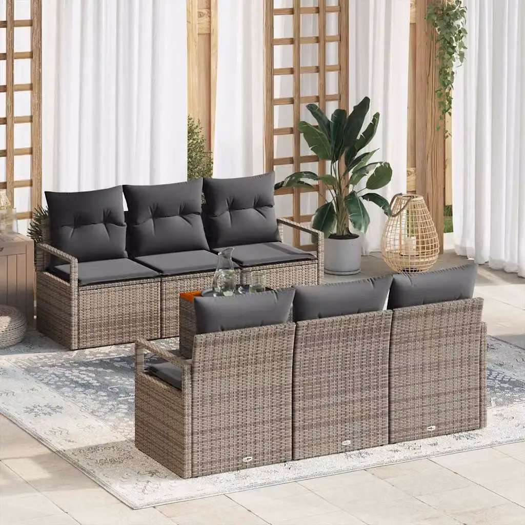 Set Divano da Giardino vidaXL 7 Pezzi Grigio con Cuscini e Tavolino in Polyrattan e Acciaio – 1