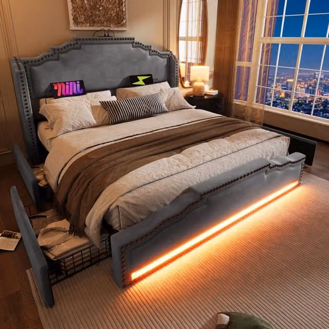 Letto matrimoniale imbottito 160x200 cm con contenitore; LED; USB-C e materasso; grigio