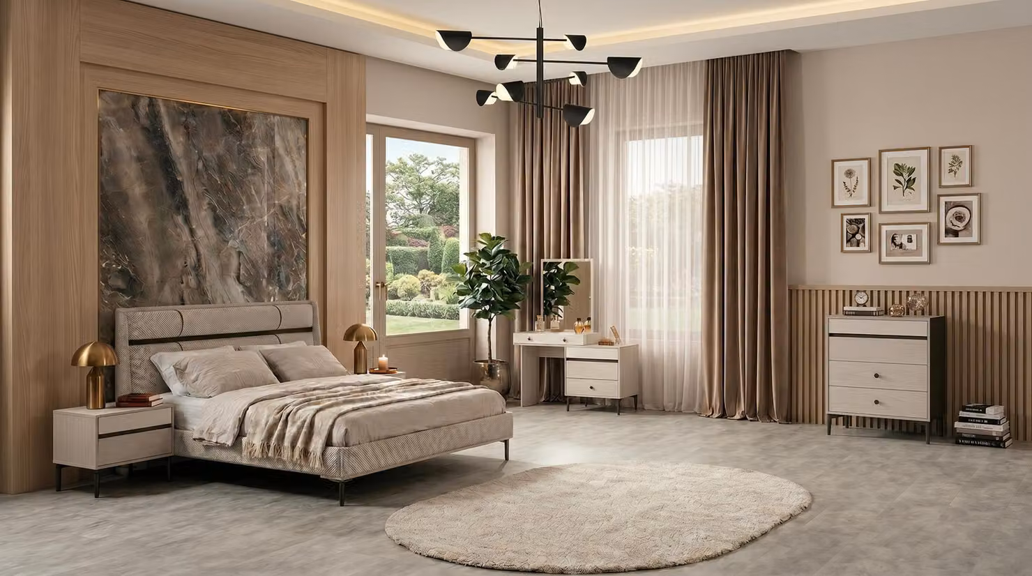 Set di mobili da camera da letto color beige: letto, comò, specchiera, comodini, design moderno