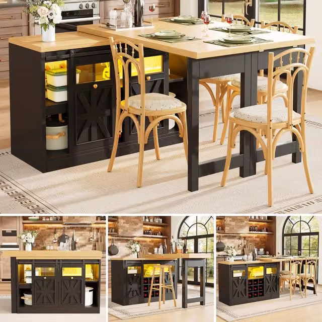 Tavolo da pranzo multifunzione con credenza laterale, design moderno nero, rotazione 360°, sistema luci smart, salvaspazio per cucina e sala da pranzo