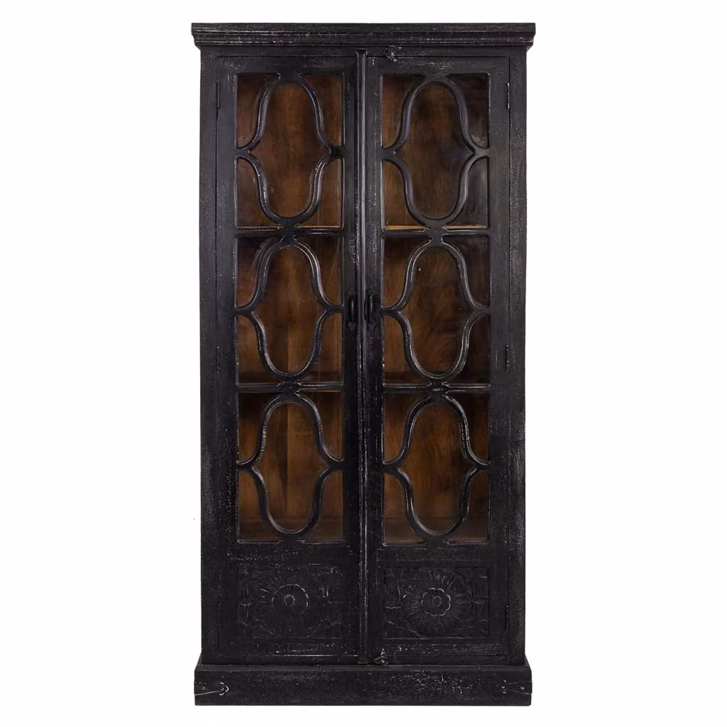 Vetrina Wanderlust Deco in legno di mango nero con ante in vetro e decorazioni floreali L: 100 cm, P: 45 cm, H: 204 cm – 2