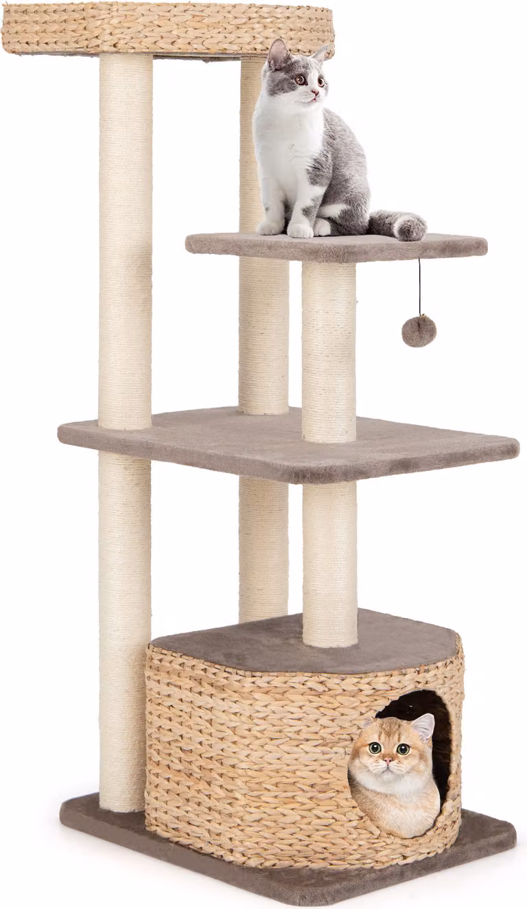 Tiragraffi COSTWAY 131 cm con grotta per gatti, albero per gatti con piattaforme, palla, trespolo e cuscino, albero da arrampicata in coda di gatto e sisal, caffè naturale