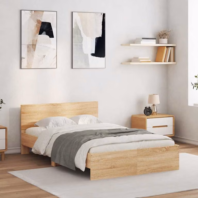 Giroletto con testiera vidaXL in legno Rovere Sonoma con illuminazione LED e porta USB, L: 140 cm, P: 193 cm, H: 70 cm