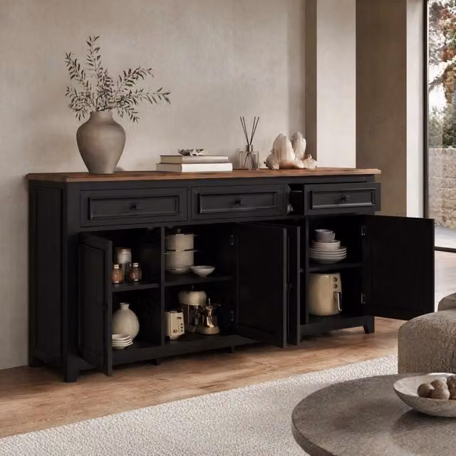 Madia moderna in MDF nero con 3 cassetti e 4 ante, L: 160 cm, P: 35 cm, H: 76 cm