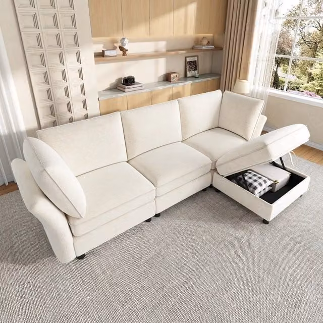 Divano 4 posti angolare con contenitore ¨C Minimal ¨C beige chenille imbottito braccioli poggiapiedi