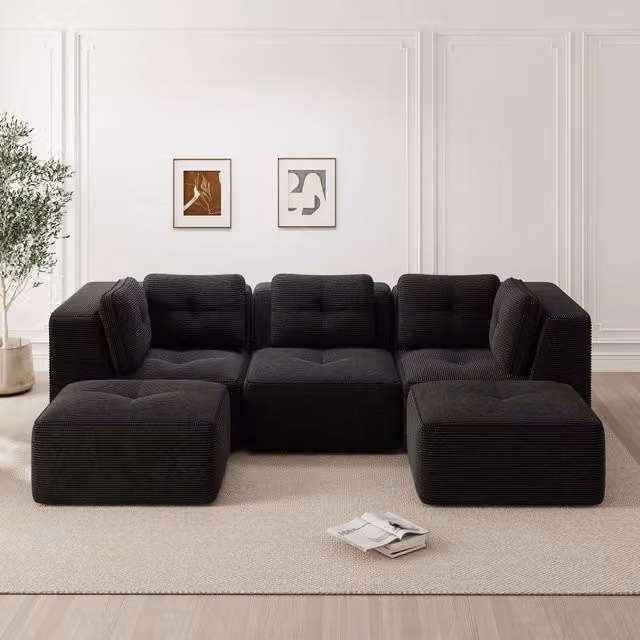 Divano angolare modulare Mivray in velluto a coste nero con funzione letto e seduta profonda 74 cm