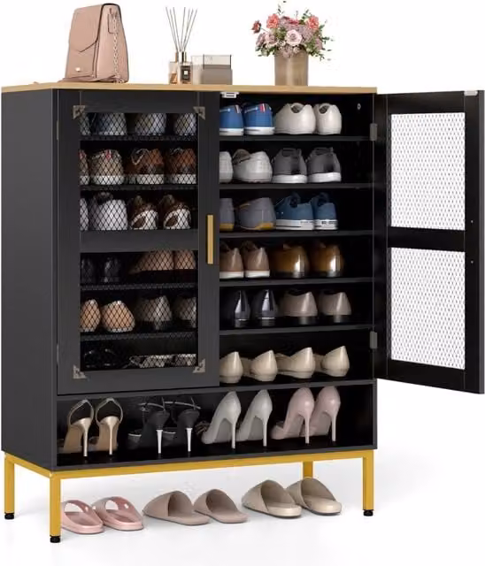 Armadio porta scarpe in legno con ripiani regolabili e gambe in metallo, Armadio porta scarpe a 7 livelli con porte in rete Nero