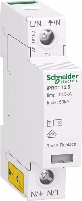 Scaricatore combinato Schneider Electric tipo 1+2, Acti9 iPRD1 12,5r, 1P, 230 V CA, Imax 50 kA, con segnalazione a distanza. A9L16182