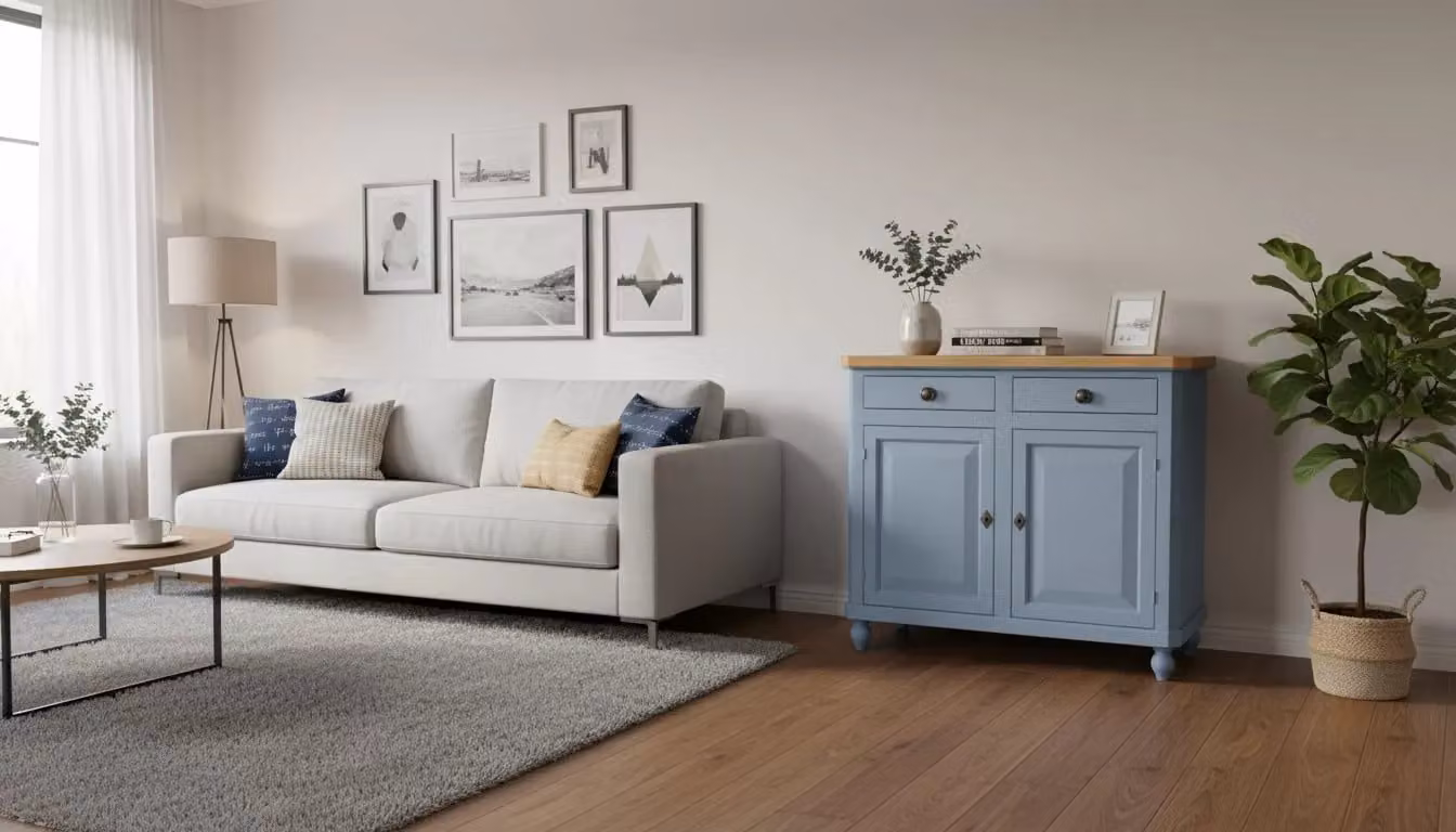 Credenza shabby chic Mobili 2G in legno di pino color carta da zucchero con 2 porte e 2 cassetti L: 104 cm, P: 43 cm, H: 98 cm – 1