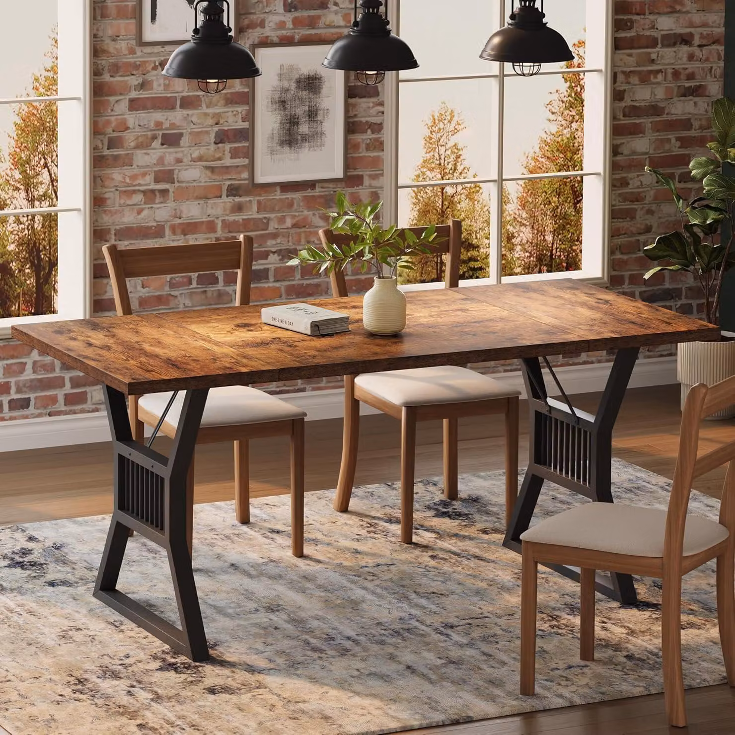 Tavolo da pranzo industriale, rettangolare, 180x75x74 cm, nero, in legno e metallo, per 4-6 persone