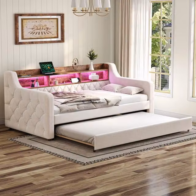 Letto estraibile 90x190 cm con contenitore; LED e USB-C in velluto beige
