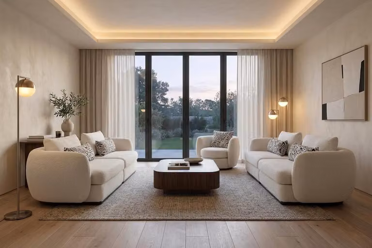 Divano moderno bianco crema, elegante, con tre posti, divano e poltrona