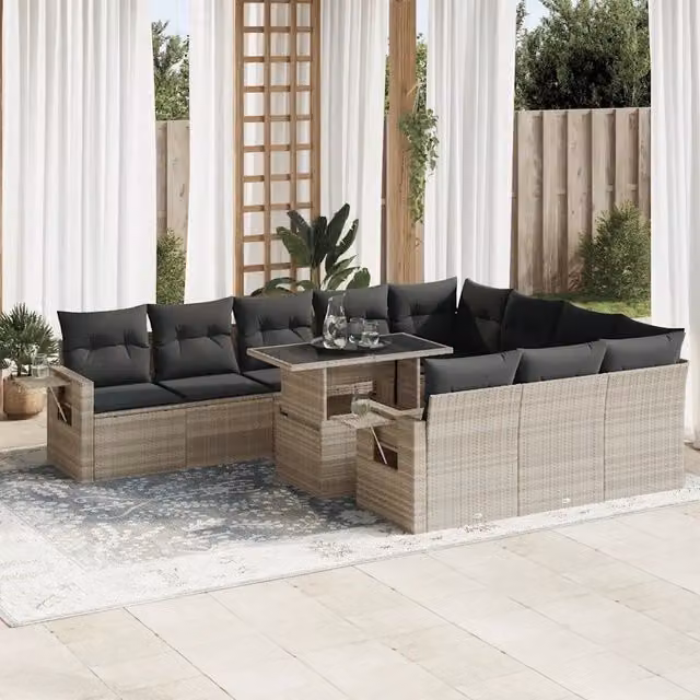 Set di Divani da Giardino vidaXL 11 Pezzi in Polyrattan Grigio con Cuscini e Tavolino da Esterno – 1