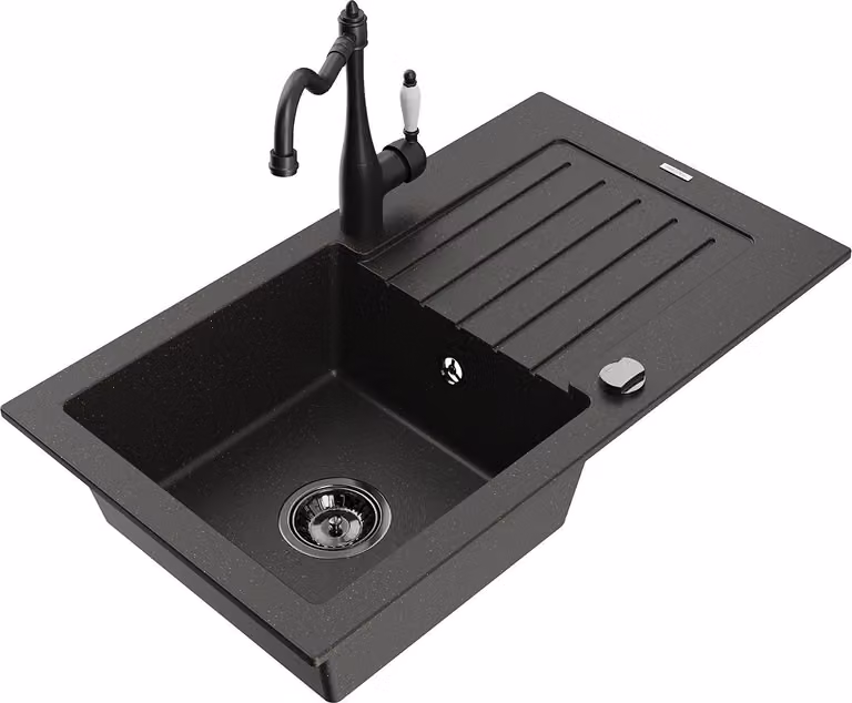Mexen Pablo lavello in granito a 1 vasca con scolapiatti e rubinetto da cucina Carla, nero/oro metallizzato