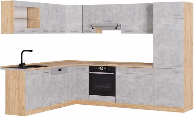 Cucina angolare moderna Vicco R-Line colore grigio e rovere con ante in vetro e illuminazione integrata L/P/H: 287 x 227 x 250,8 cm