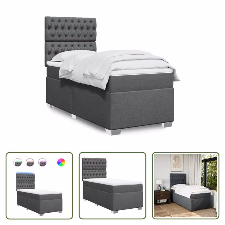 The Living Store Letto a molle con materasso grigio scuro 100x200 cm in tessuto