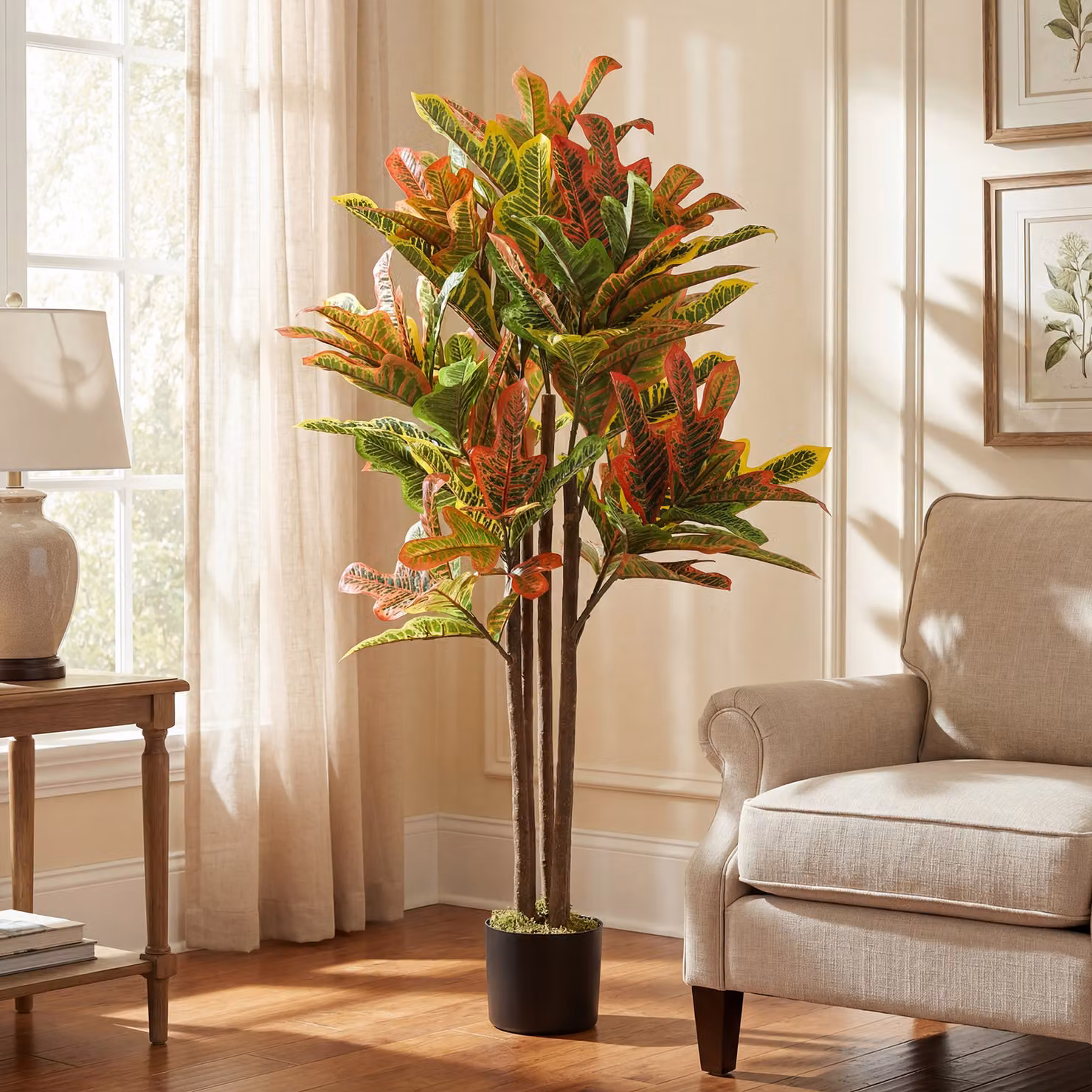 Pianta Artificiale Croton Multicolore HOMCOM con Vaso in Cemento e Legno, H 120 x L 55 x P 55 cm – 2