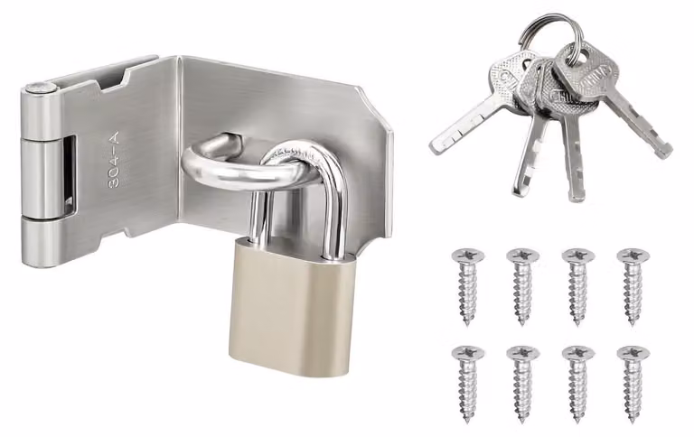 Gancio di sicurezza in acciaio inossidabile a 90 gradi, compatibile con lucchetto, finitura spazzolata. Chiusura di sicurezza, catenaccio per cancelli