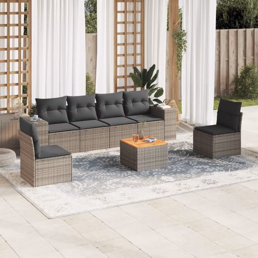 Set di divani da giardino vidaXL in 7 pezzi in polyrattan grigio con cuscini inclusi e tavolino da esterno – 1