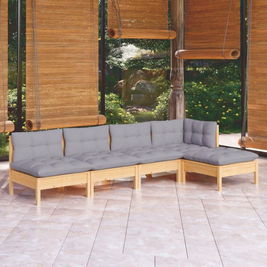 The Living Store Set da giardino 5 pezzi con cuscini grigi in legno di pino