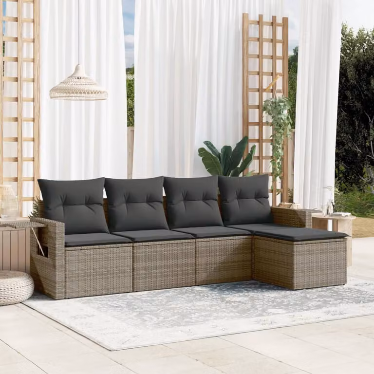 vidaXL Set Divano da Giardino a L in Polyrattan Grigio con 5 Pezzi e Cuscini Imbottiti