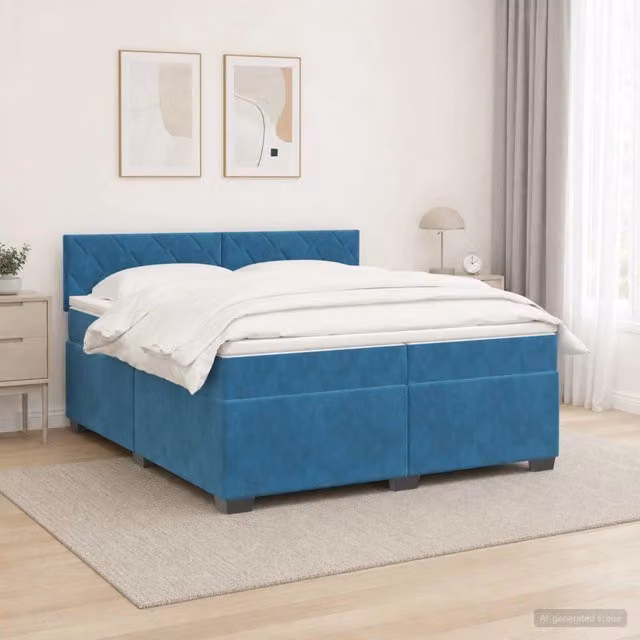 Letto moderno vidaXL con Box Spring e materasso ibrido in velluto blu e bianco, dotato di illuminazione LED sottostante e porta di ricarica USB, L/P: 200 x 200 cm