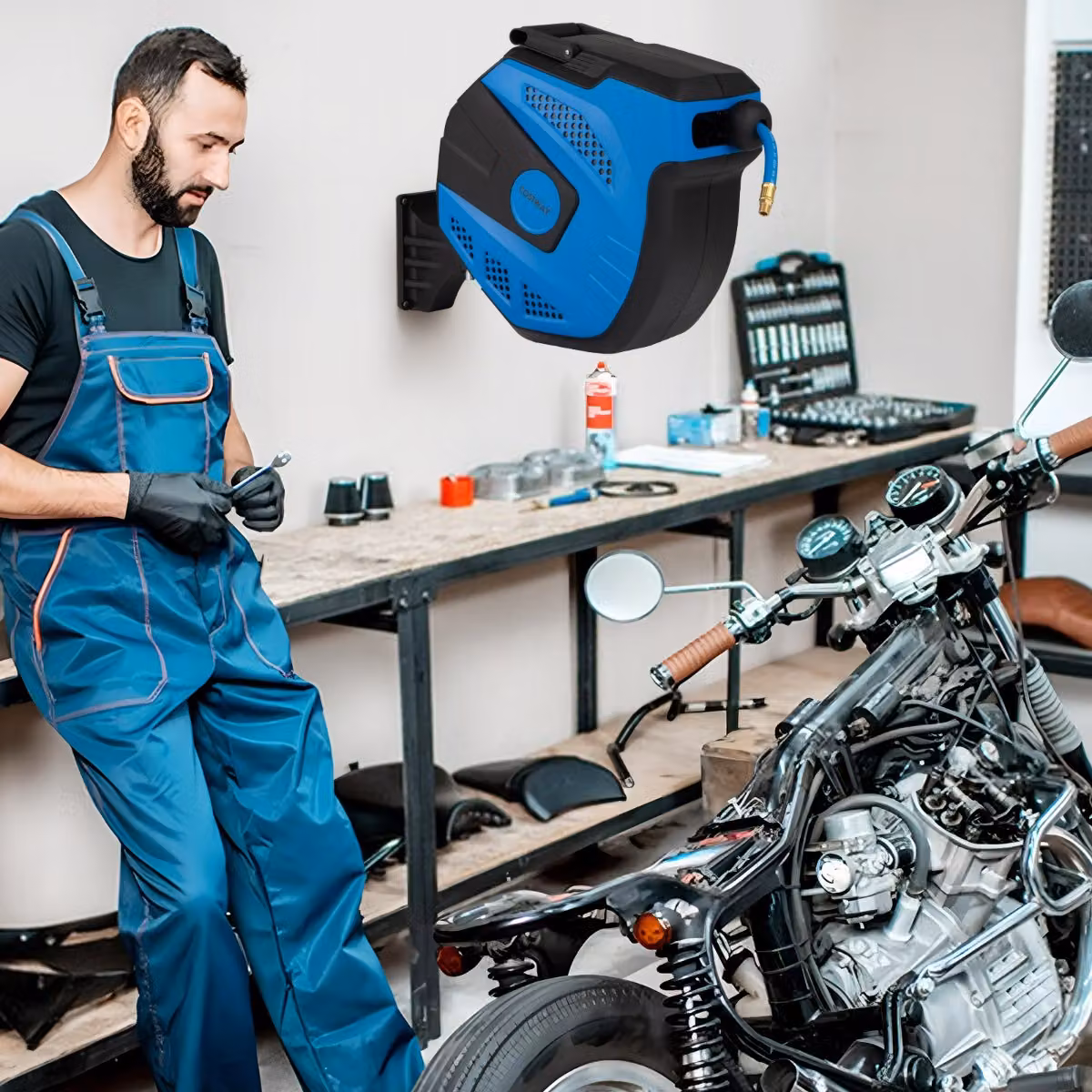 Avvolgitore automatico retrattile Costway con tubo aria ibrido da 15 m e tubo di collegamento da 1,5 m, colore blu