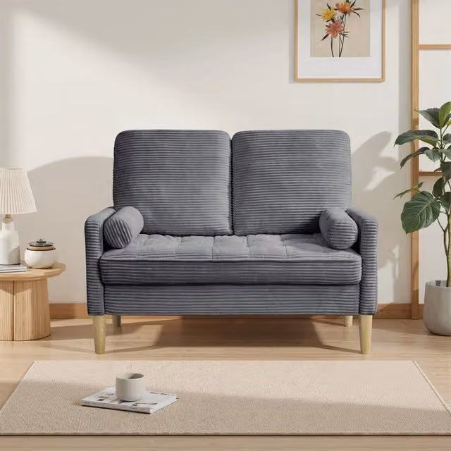 Divano 2 posti Minimal in tessuto grigio con cuscini imbottiti e struttura in legno L: 160 cm, P: 90 cm, H: 85 cm – 1