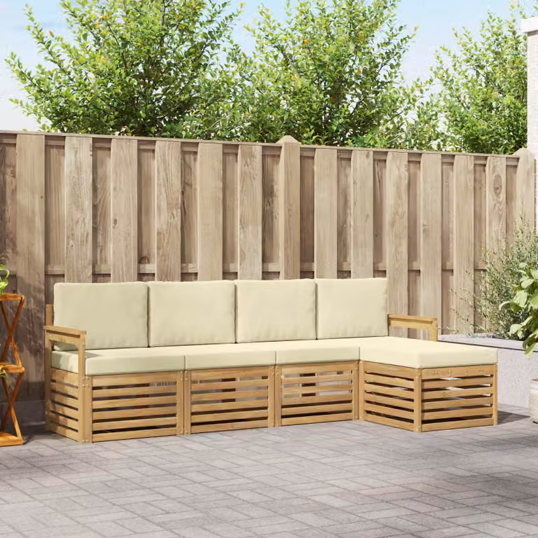 Set di divani da esterno vidaXL a forma di L con pouf, colore bianco e beige, in legno di acacia e tessuto impermeabile