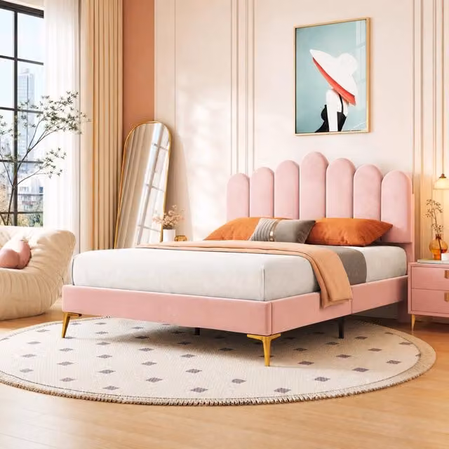 Letto matrimoniale imbottito 140 x 200 cm con testiera regolabile in tessuto vellutato rosa e rete a doghe