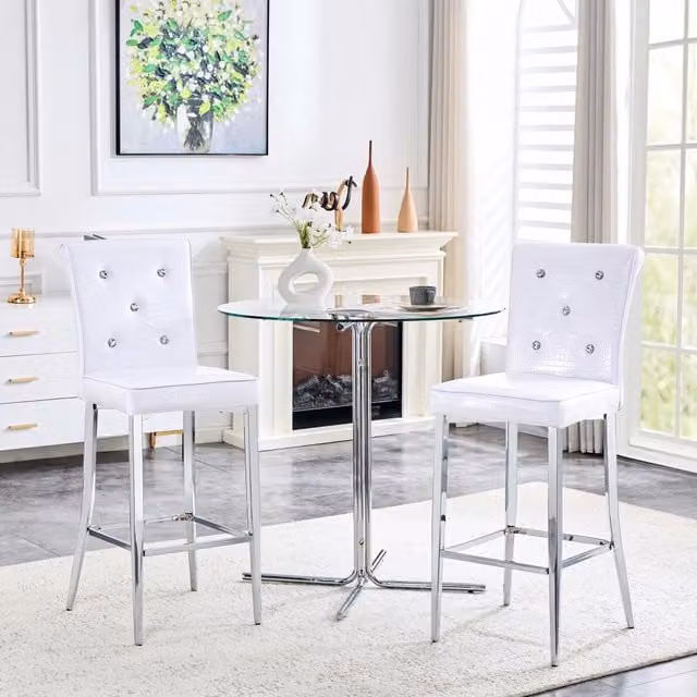 Set di 2 sgabelli da bar OKWISH con schienale alto imbottito e poggiapiedi in ecopelle effetto coccodrillo bianco per cucina e soggiorno