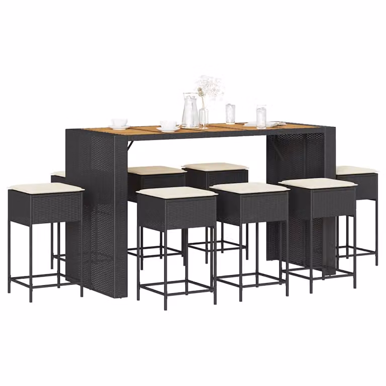 vidaXL Set Bar da Giardino 9 pz in Polyrattan e Legno di Acacia con Cuscini Nero e Bianco