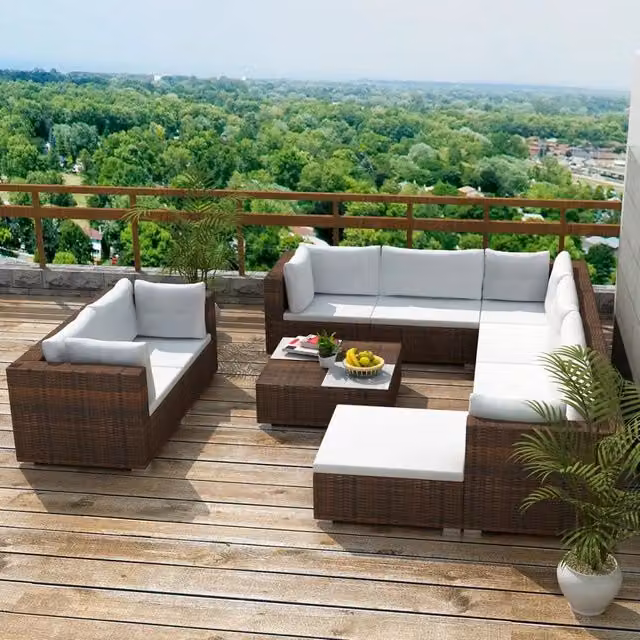Set di Divani da Giardino a L con Cuscini vidaXL, Polyrattan Marrone e Bianco con Tavolino e Ottoman