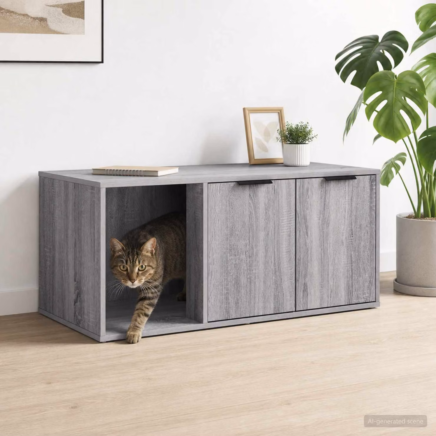 Mobile per gatti vidaXL in stile moderno, colore grigio Sonoma, L 100 x P 49 x H 45 cm