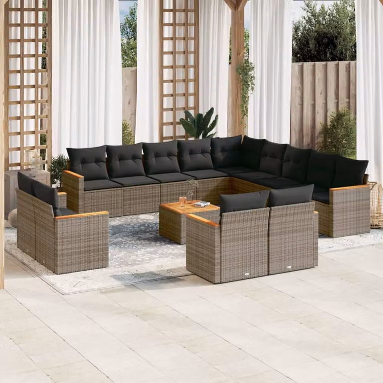 vidaXL Set Divani da Giardino a Forma di U in Polyrattan Grigio con Cuscini e Tavolino da Caffè