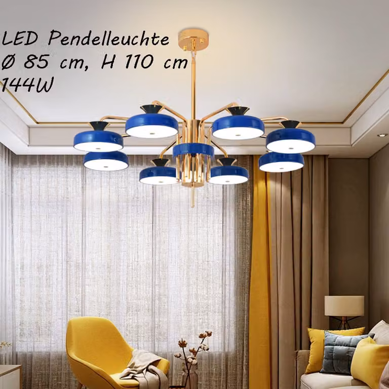 Plafoniera LED XW816-8L con telecomando Colore della luce/luminosità regolabile Paralume in acrilico Montatura in metallo laccato blu/oro
