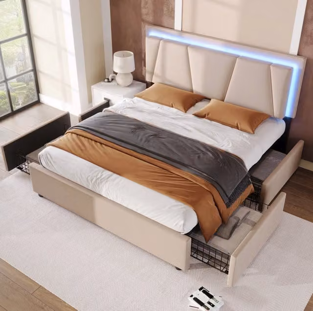 Letto imbottito con LED; 4 cassetti; testiera regolabile; 140 × 200 cm; beige; senza materasso