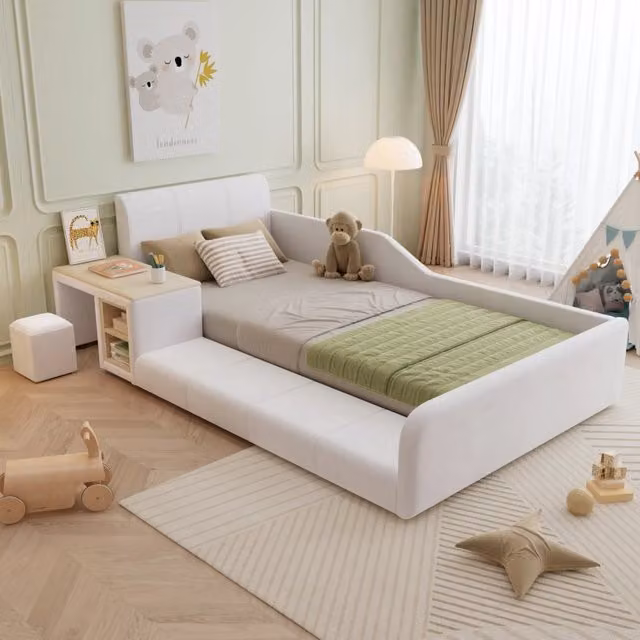 Letto singolo con scrivania e sgabello in velluto bianco 90x200 cm