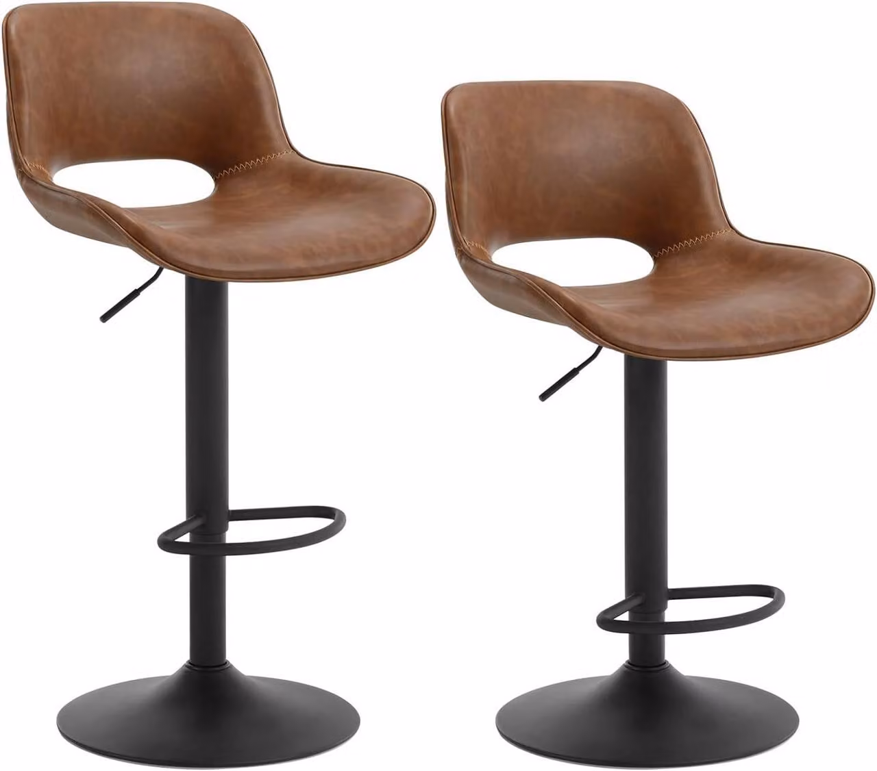 Set di 2 sgabelli da bar regolabili con poggiapiedi, rivestiti in ecopelle, colore marrone, dimensioni 49x49x84-106,5 cm