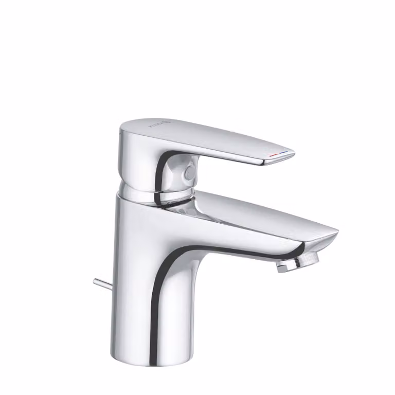 KLUDI PURE&SOLID Mitigeur monocommandé pour lavabo, hauteur de bec 75mm, garniture d'écoulement, 3.8 l/min, chrome, 343820575WR5, 343820575WR5