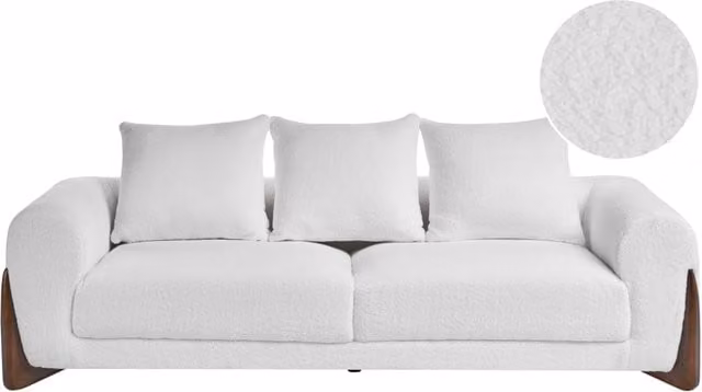 Divano a 3 posti BELIANI in tessuto bouclé bianco con gambe in legno e cuscini inclusi per soggiorno in stile moderno L: 180 cm, P: 87 cm, H: 62 cm