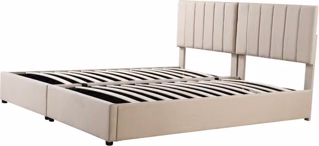 Letto imbottito 180x200 cm con contenitore idraulico in lino beige, trasformabile in due letti singoli
