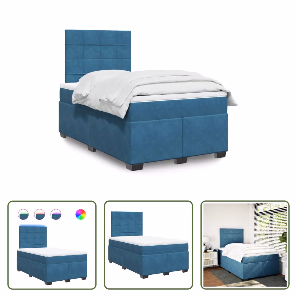 The Living Store Letto a molle con materasso blu 120x190 cm in velluto
