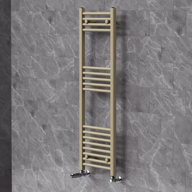 Riscaldamento asciugamani LuxeBath 400x1200 mm, radiatore da bagno con valvola termostatica, asciugamano Sahara a pannello liscio con attacco laterale, portasciugamani, color beige