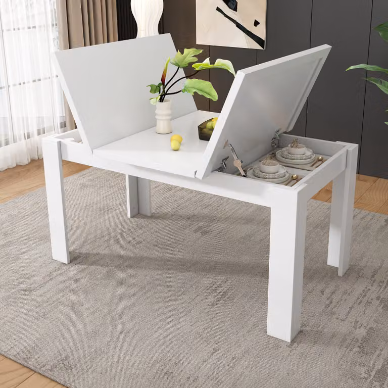 Tavolo da pranzo Flieks con vano portaoggetti nascosto, 120x70x75cm, Tavolo moderno e semplice per il tempo libero, Tavolo da cucina multifunzionale con piano pieghevole, bianco