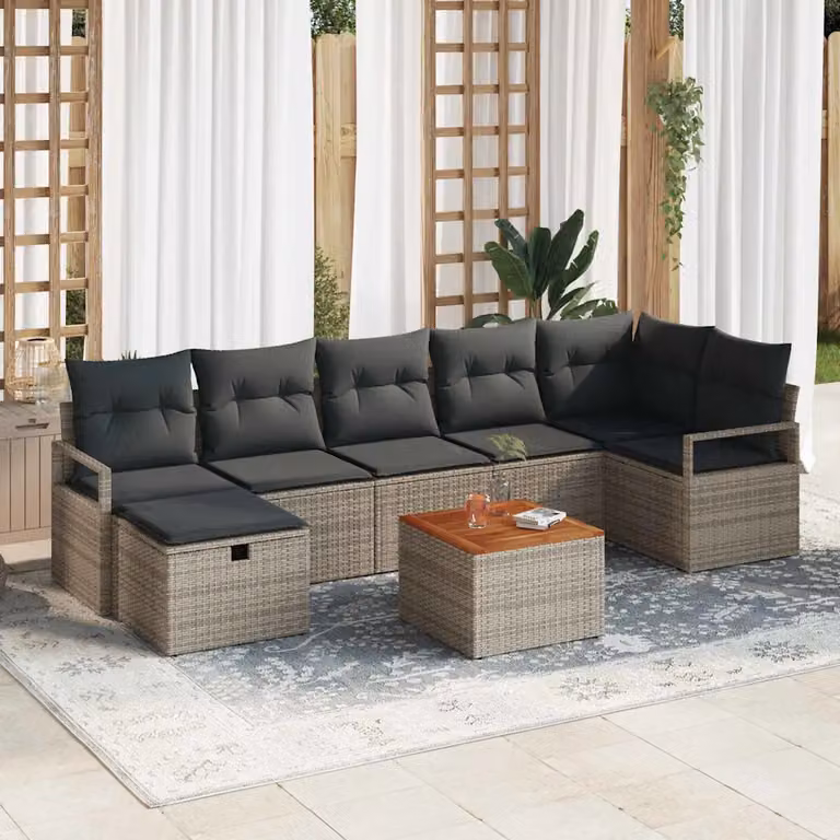 Set Divano da Giardino vidaXL 8 Pezzi in Polyrattan Grigio con Cuscini e Tavolino