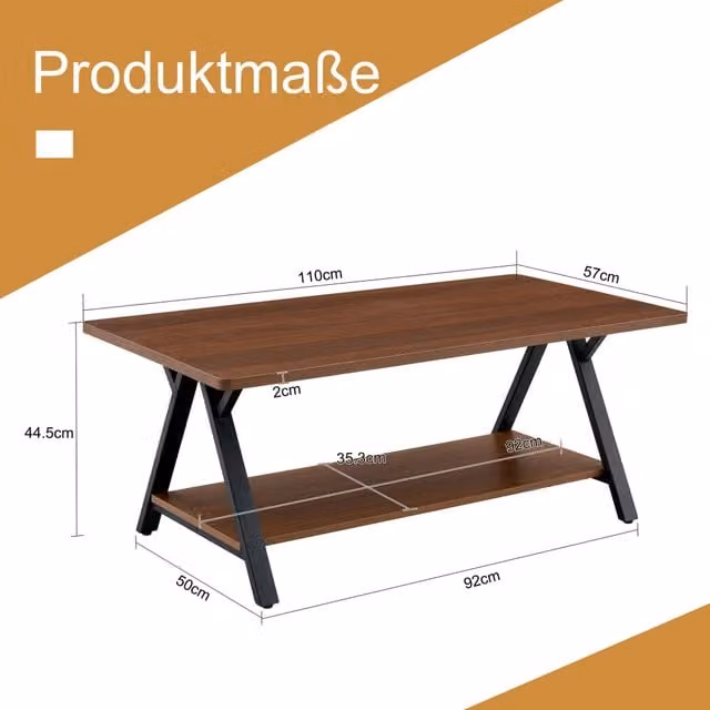 Tavolino da salotto REDOM in stile industrial con ripiano rettangolare marrone e struttura in metallo nero L: 110 cm, P: 57 cm, H: 44,5 cm – 1