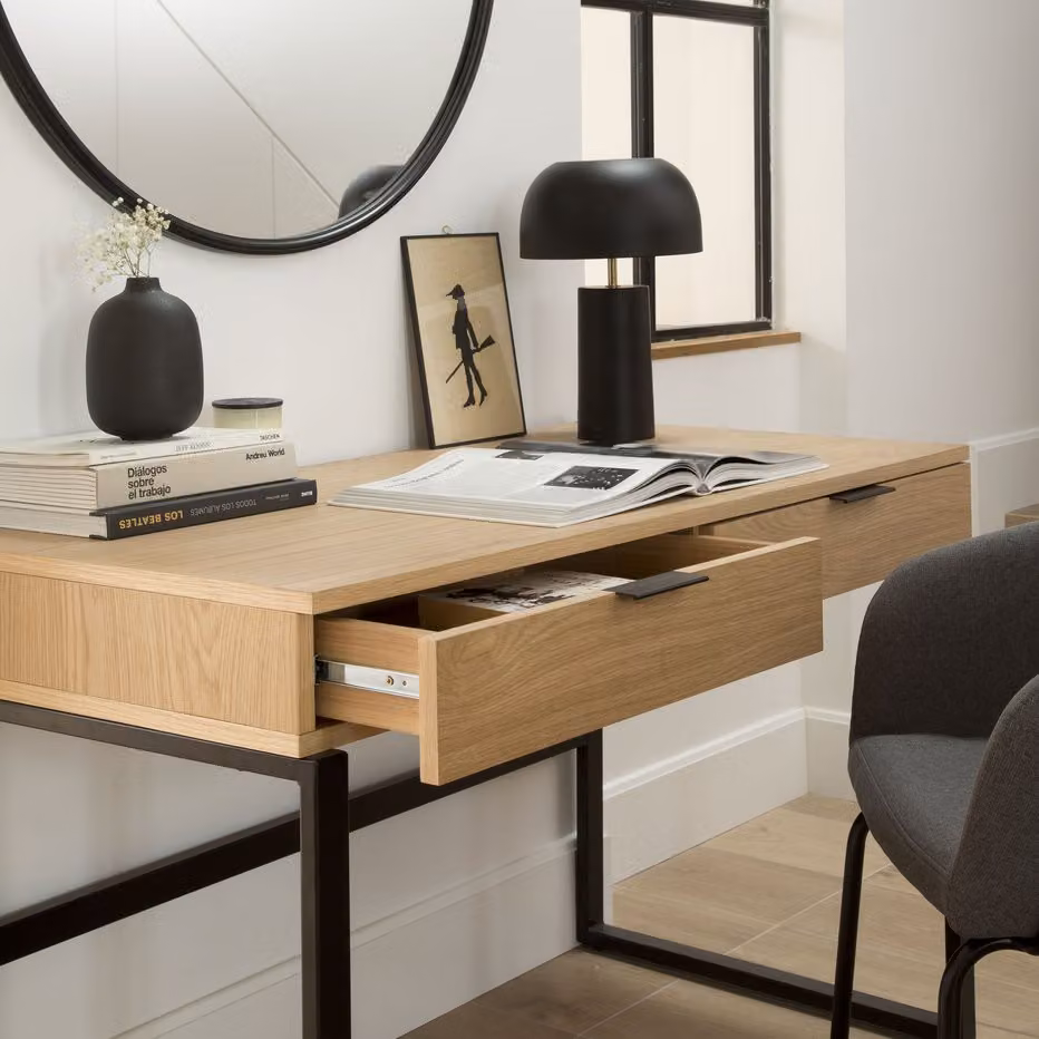 Scrivania moderna Banak in legno e metallo marrone con cassettiera per home office – 2