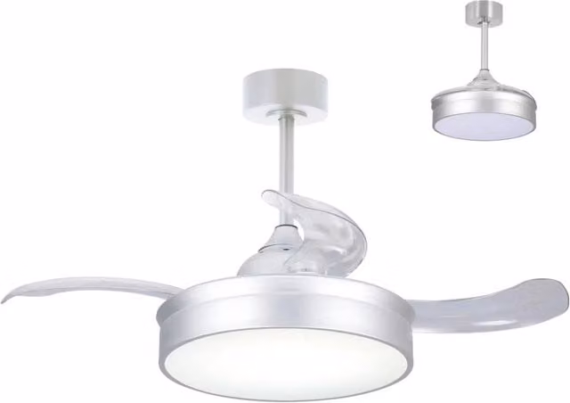 LÚZETE - VENTILATORE DA SOFFITTO LED 24W REGOLABILE ARGENTO 4 PALE PIEGHEVOLI MOTORE DC PALMA